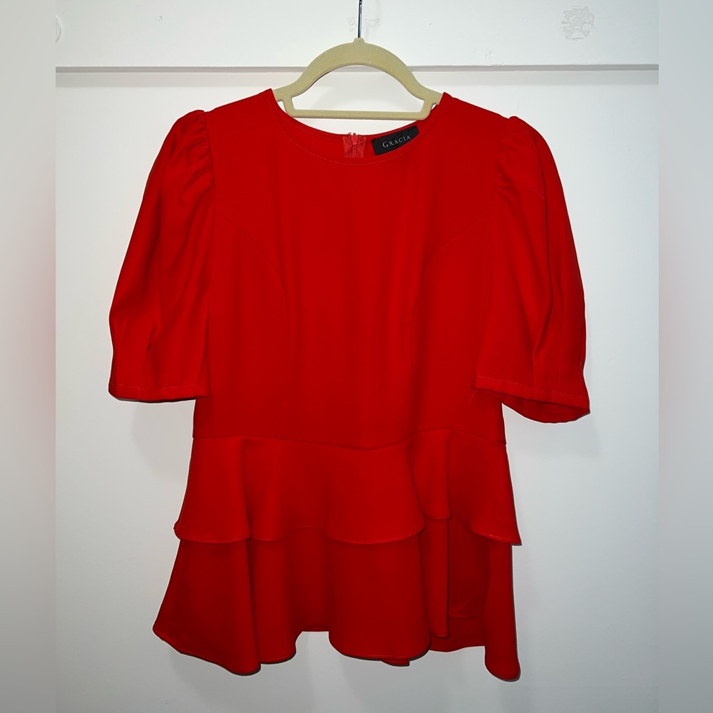 Gracia Red Puff Sleeve Peplum Top, Size Medium